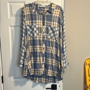 Blue and Tan Plaid Button-Up Shirt